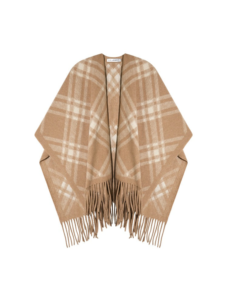 Retro Check Tassel Cape Scarf