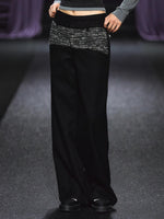 Contrast Waistband Tweed-Panel Straight Pants