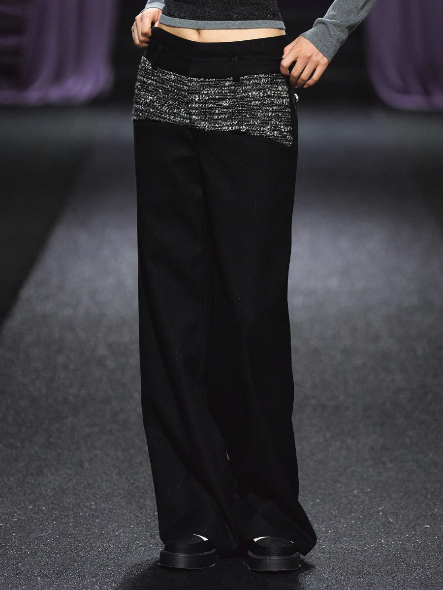Contrast Waistband Tweed-Panel Straight Pants