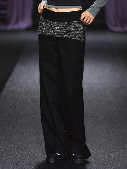 Contrast Waistband Tweed-Panel Straight Pants