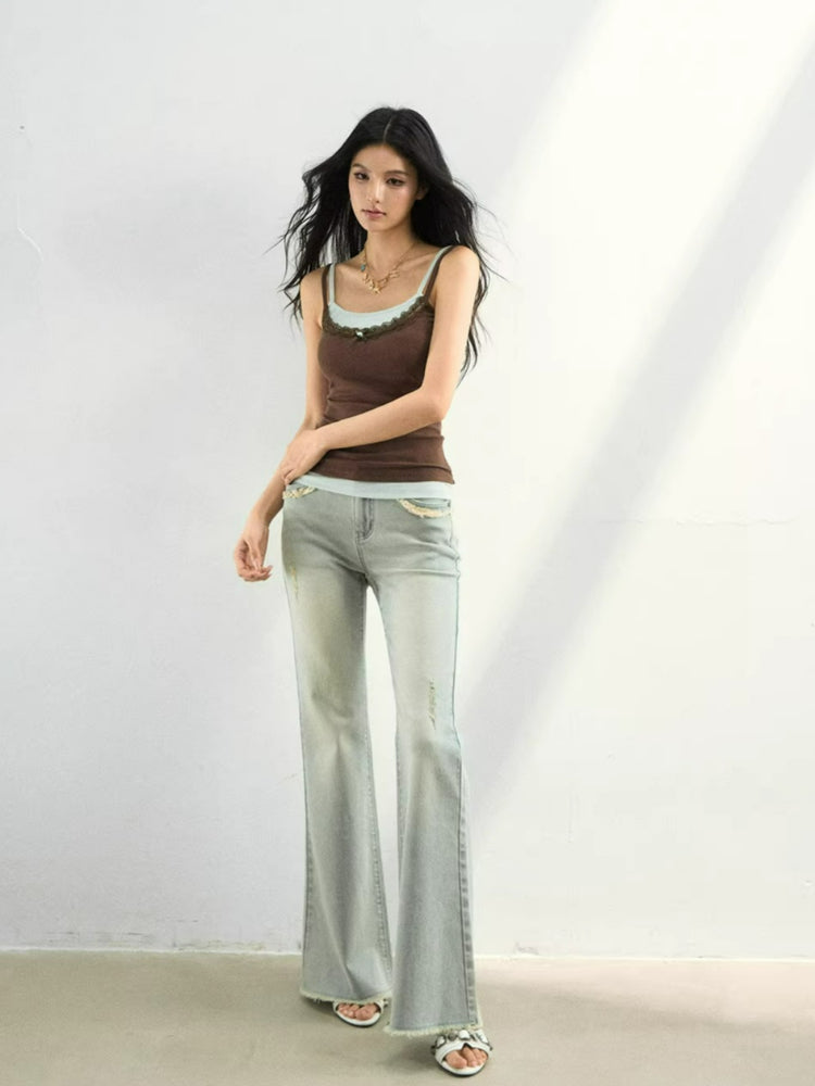 Studded Raw-Hem Flared Jeans