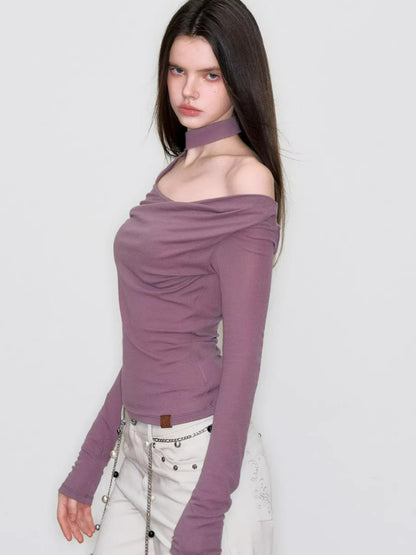 Asymmetrical Ribbon Off-Shoulder Knit Tee