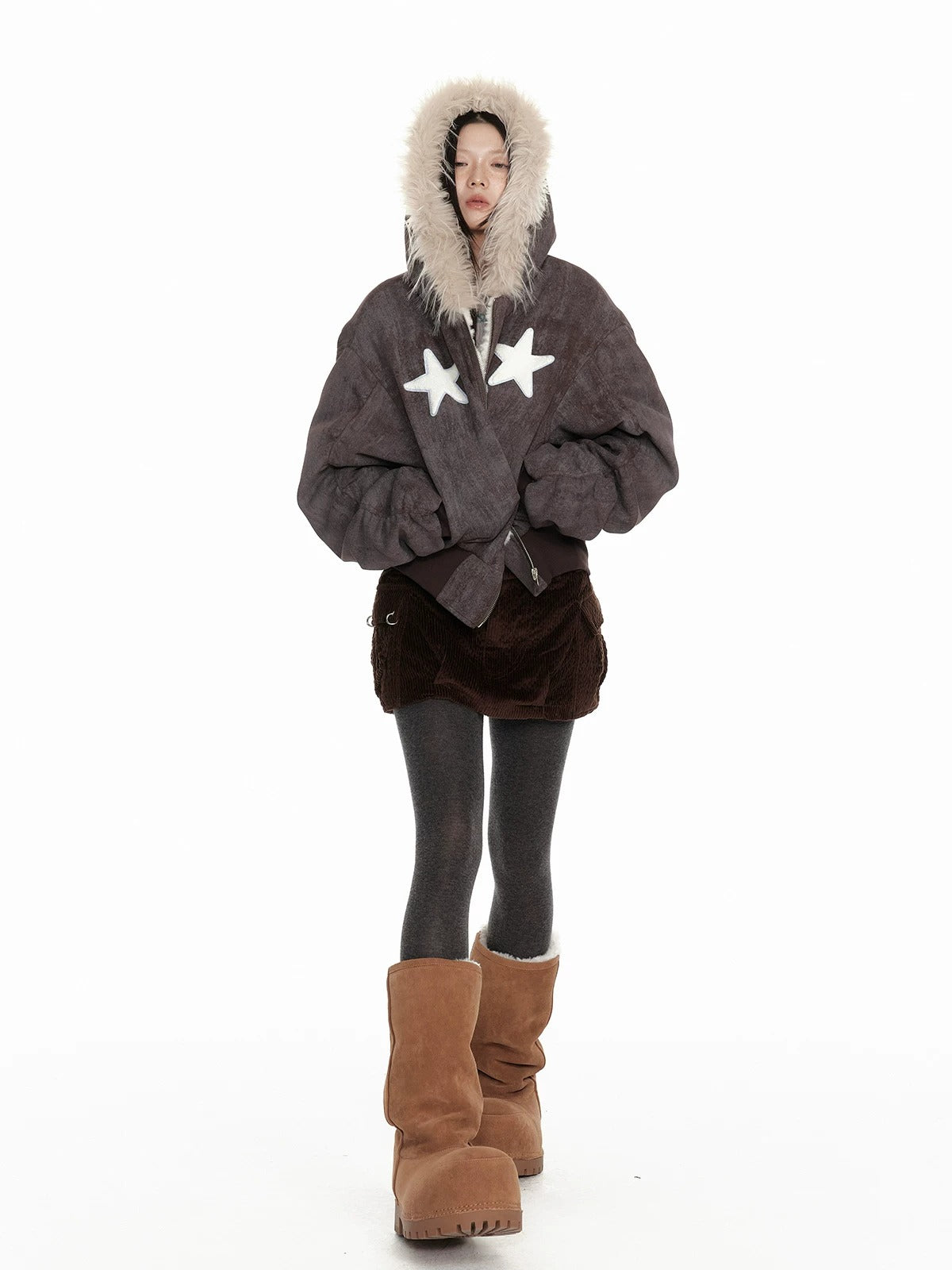 Distressed Fur Hooded Padded Jacket