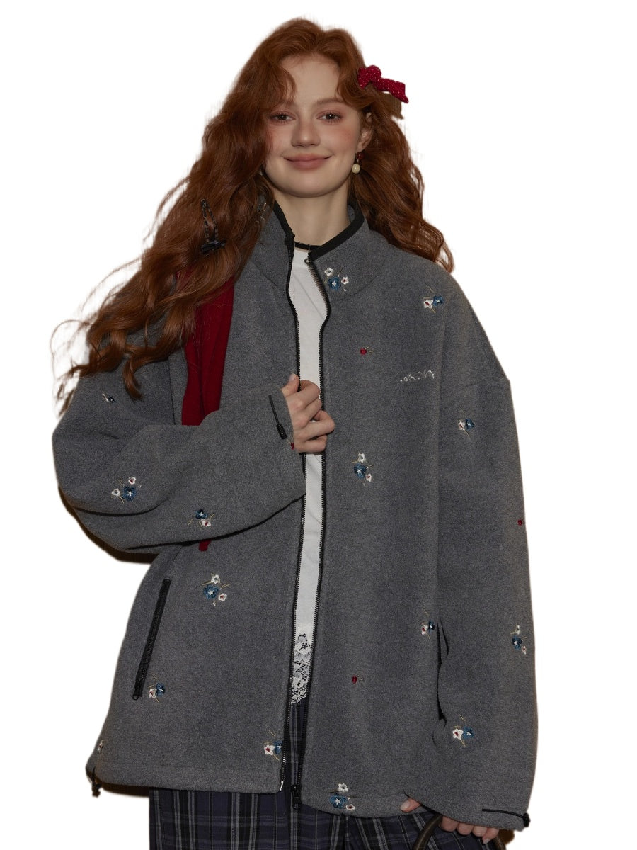 Floral Embroidered Fleece Jacket