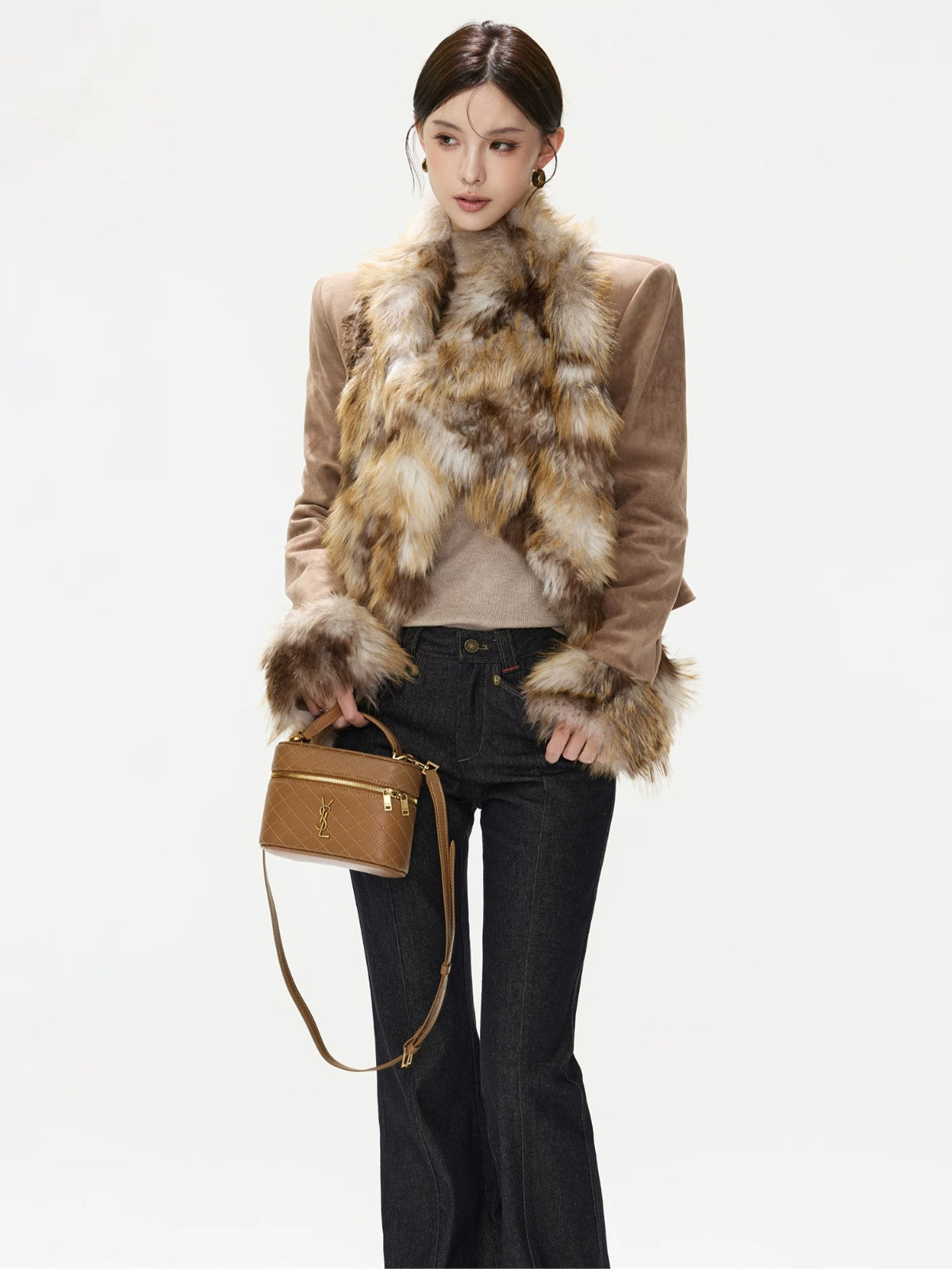 Gradient Fur Collar Suede Cropped Coat