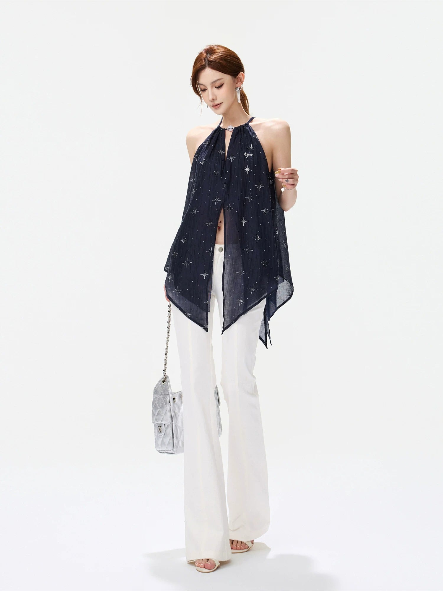 Rhinestone Halter Chiffon Top