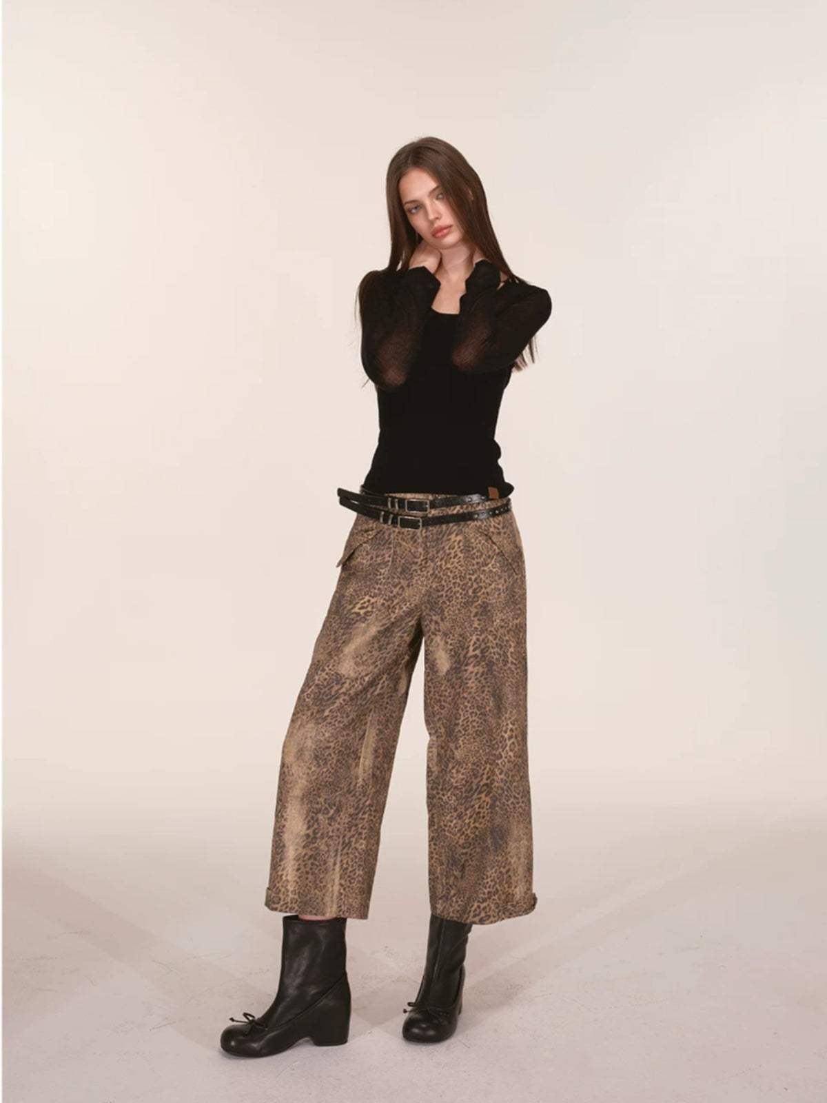 Washed Leopard Print Wide Leg Pants