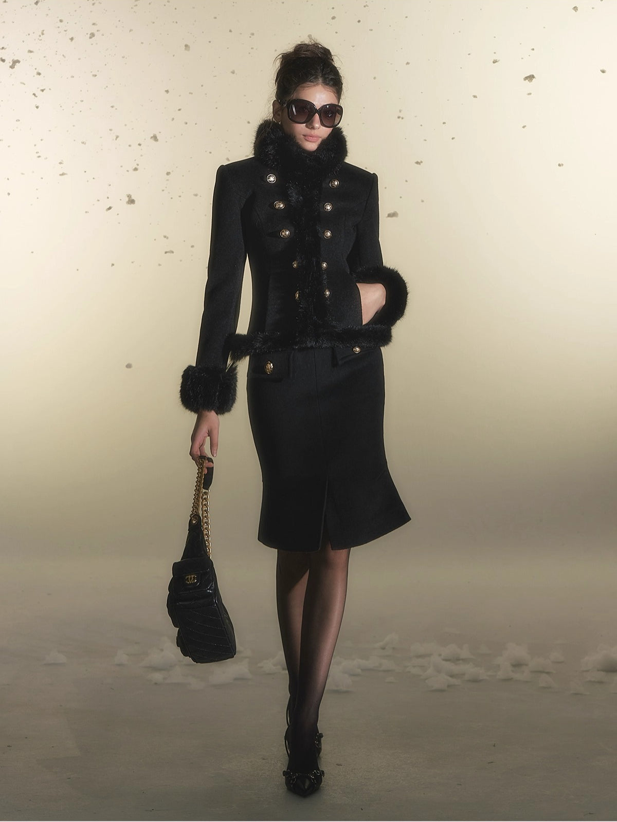 Faux Fur Double-Breasted Waist-Coated Jacket &amp; Skirt Set