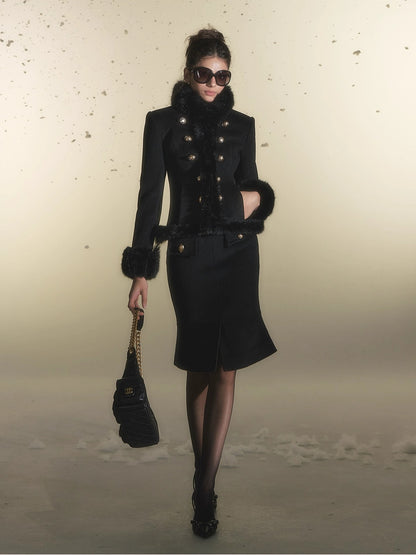 Faux Fur Double-Breasted Waist-Coated Jacket &amp; Skirt Set