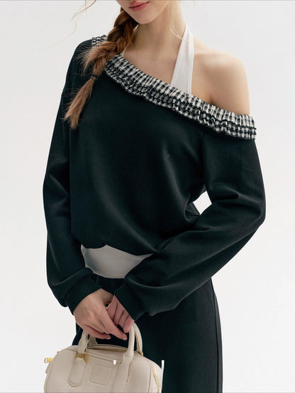 Plaid Ruffle Halter Sweatshirt