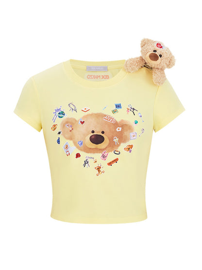 Sticker Bear Head Crew Neck Cotton T-shirt