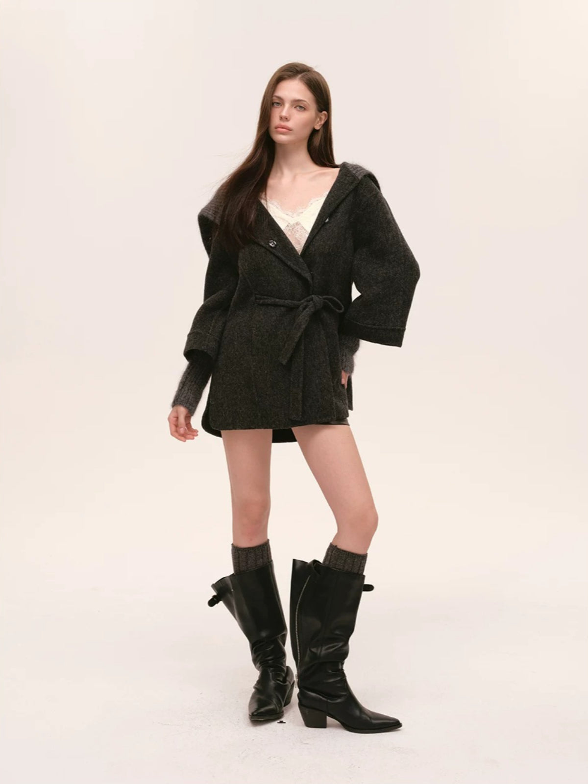 Asymmetric Collar Belted Wool Coat