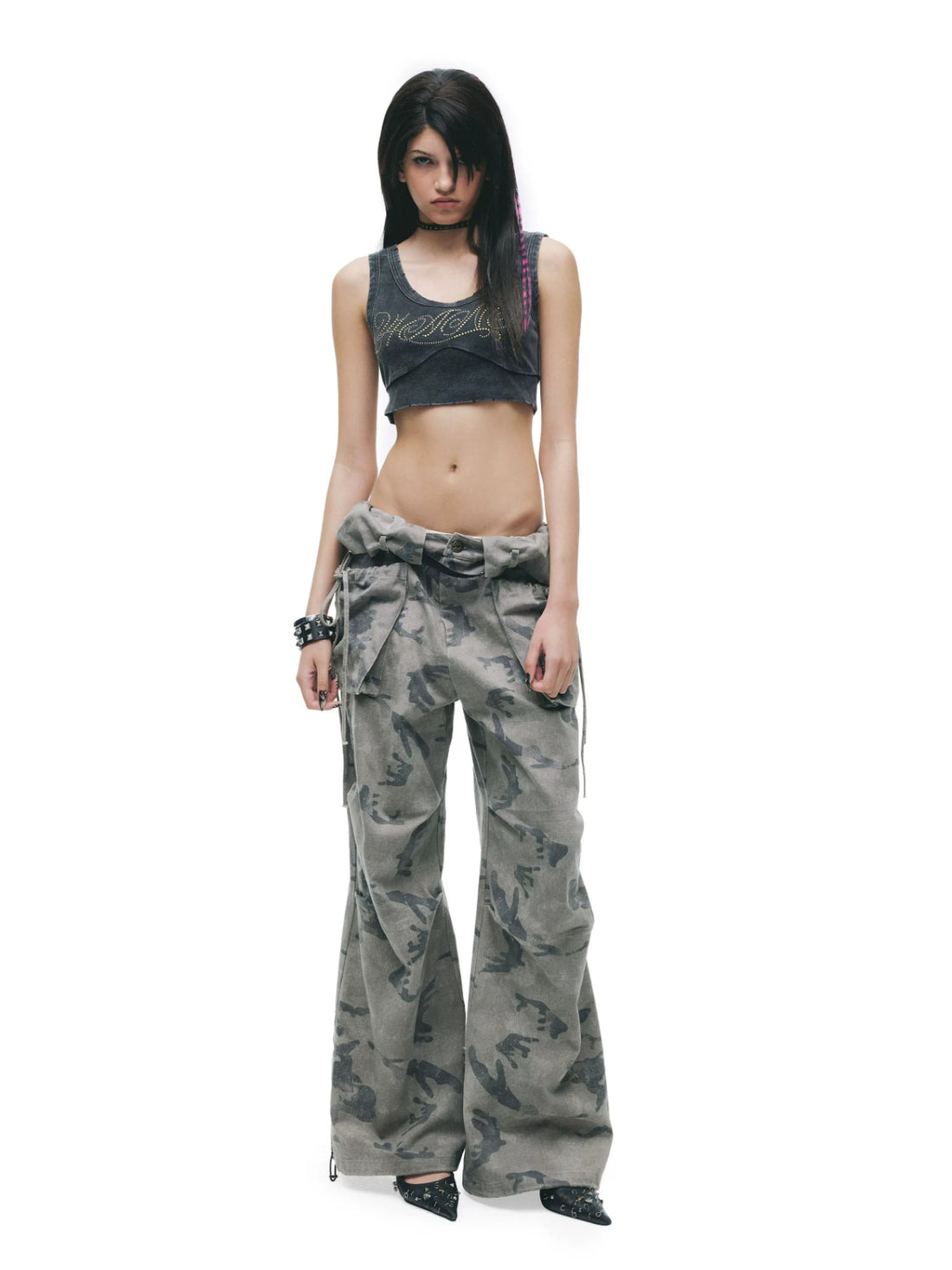Washed Camouflage Double Waist Jeans