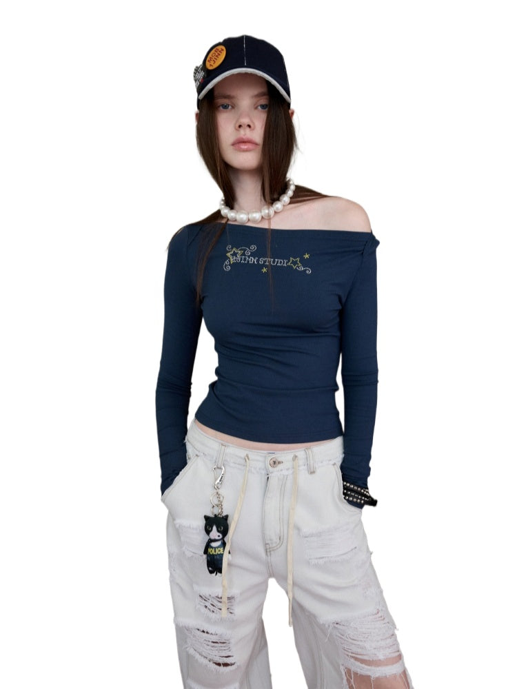 Rhinestone One-Shoulder Long-Sleeve T-Shirt