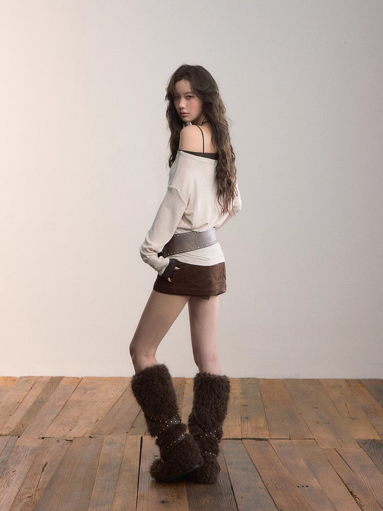Contrast Off-Shoulder Irregular Knit Top