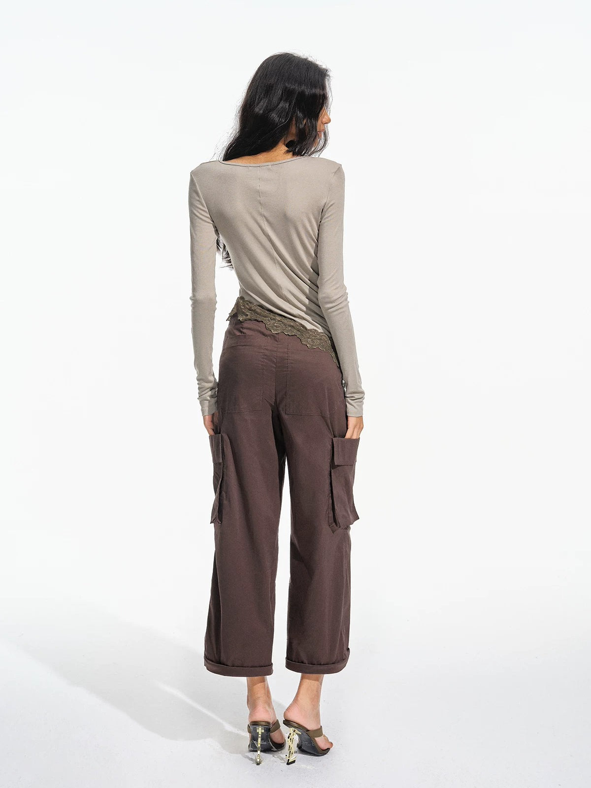 Asymmetric Lace Hem Long Sleeve Top
