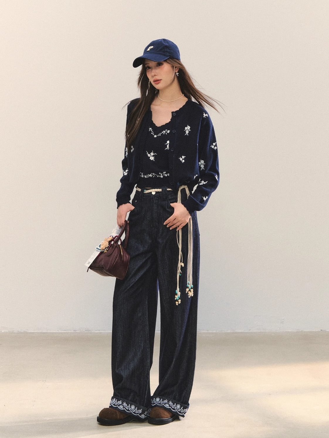 Navy Blue Boho Embroidered Belted Jeans