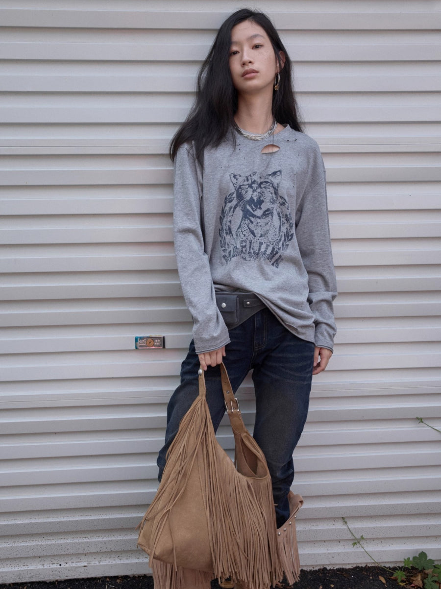 Distressed Cat Graphic Long Sleeve Cotton T-shirt