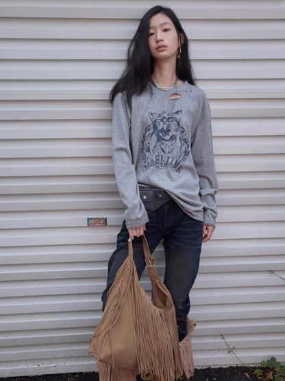 Distressed Cat Graphic Long Sleeve Cotton T-shirt