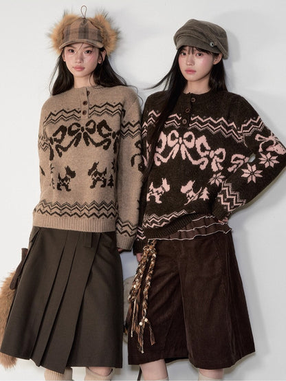 Fair Isle Bow Henry-Collar Sweater