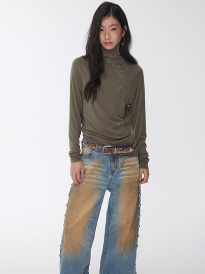 Rhinestone High Neck Raglan Knit Top