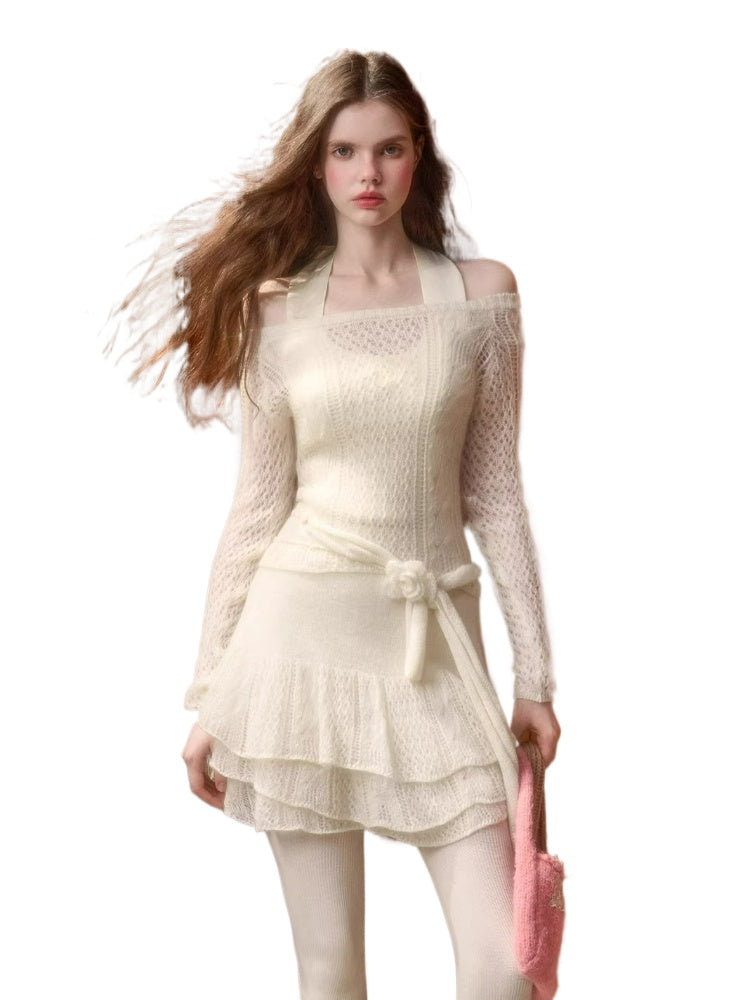 Mohair Wool Open-Knit Vest Set