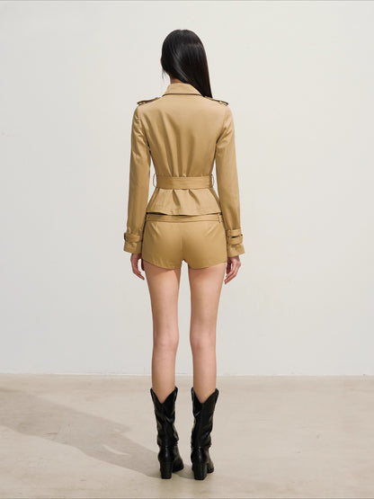 Slim-Fit Double-Breasted Trench Blazer &amp; Low-Waist Shorts Set