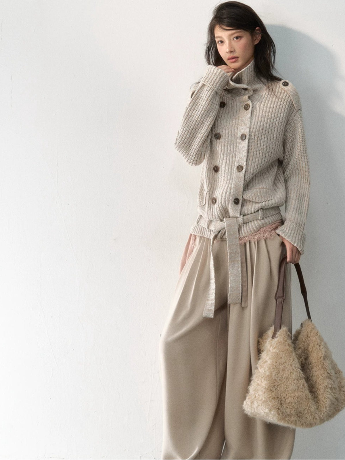 Double-Breasted Turtleneck Knit Cardigan
