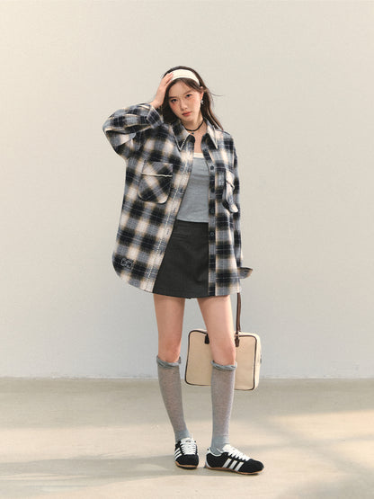 Pearl-Trimmed Polo-Neck Checkered Shirt