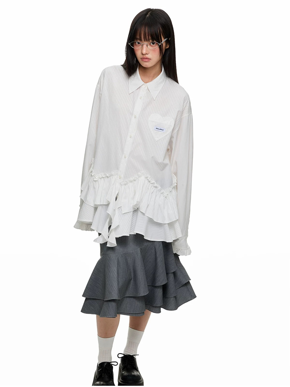 Irregular Ruffle Stripe Long Shirt