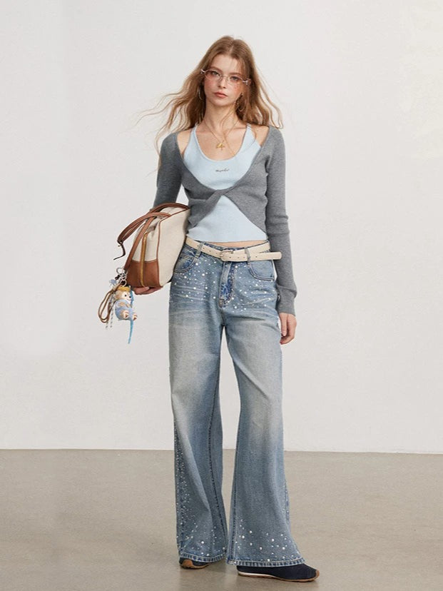 Crystal &amp; Pearl Embellished Jeans