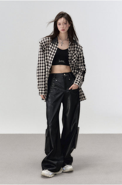 Black Rivet Straight Leather Pants