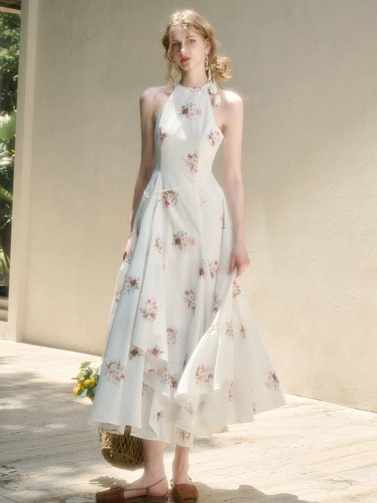 Halter Neck Printed Square Scarf Long Dress