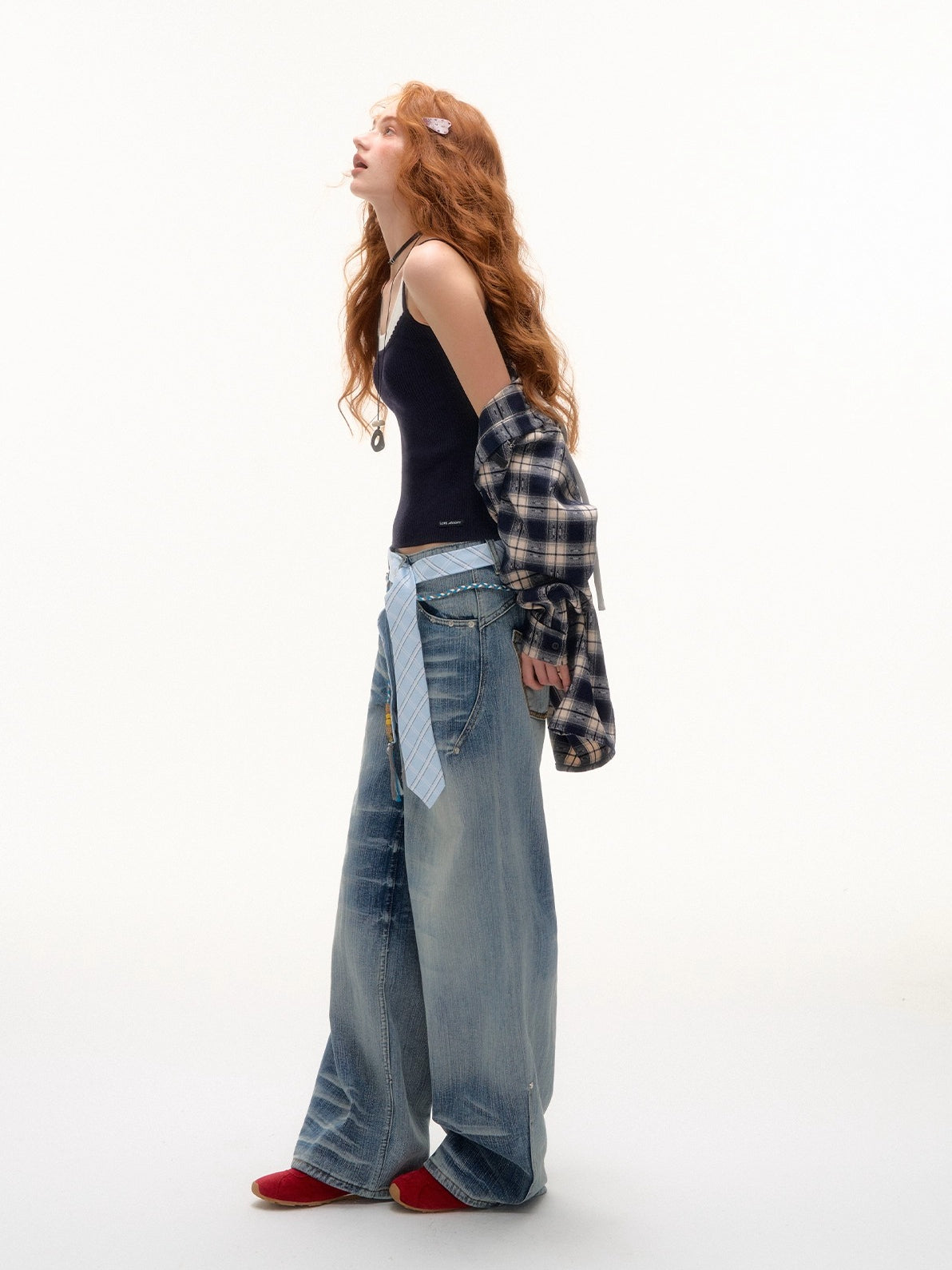 Vintage Plaid Studded Hooded Shirt