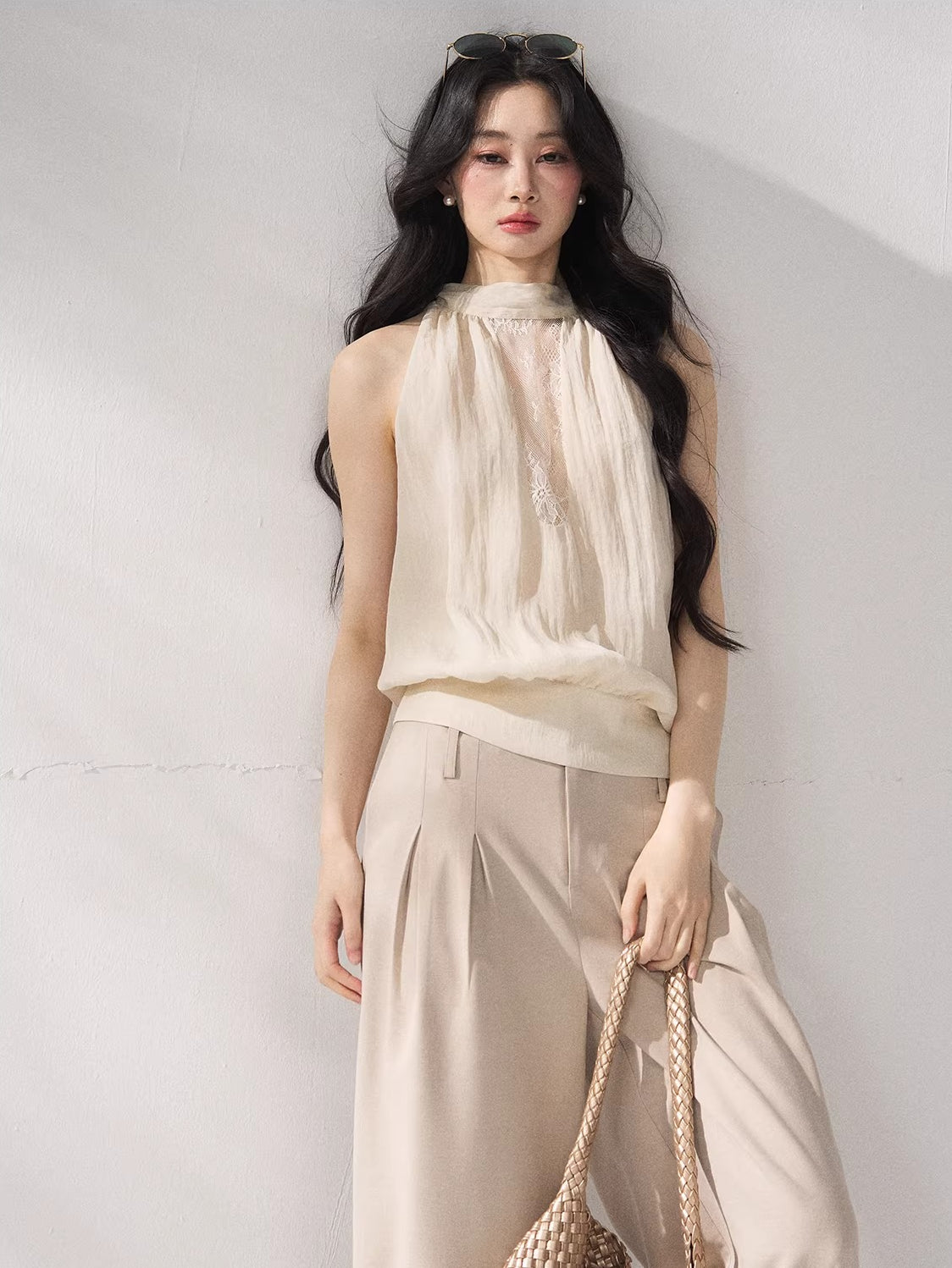 Beige Lace Halter Tank Top