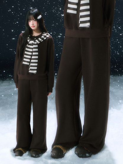 Brown Stripe Contrast Waist Wide-leg Pants