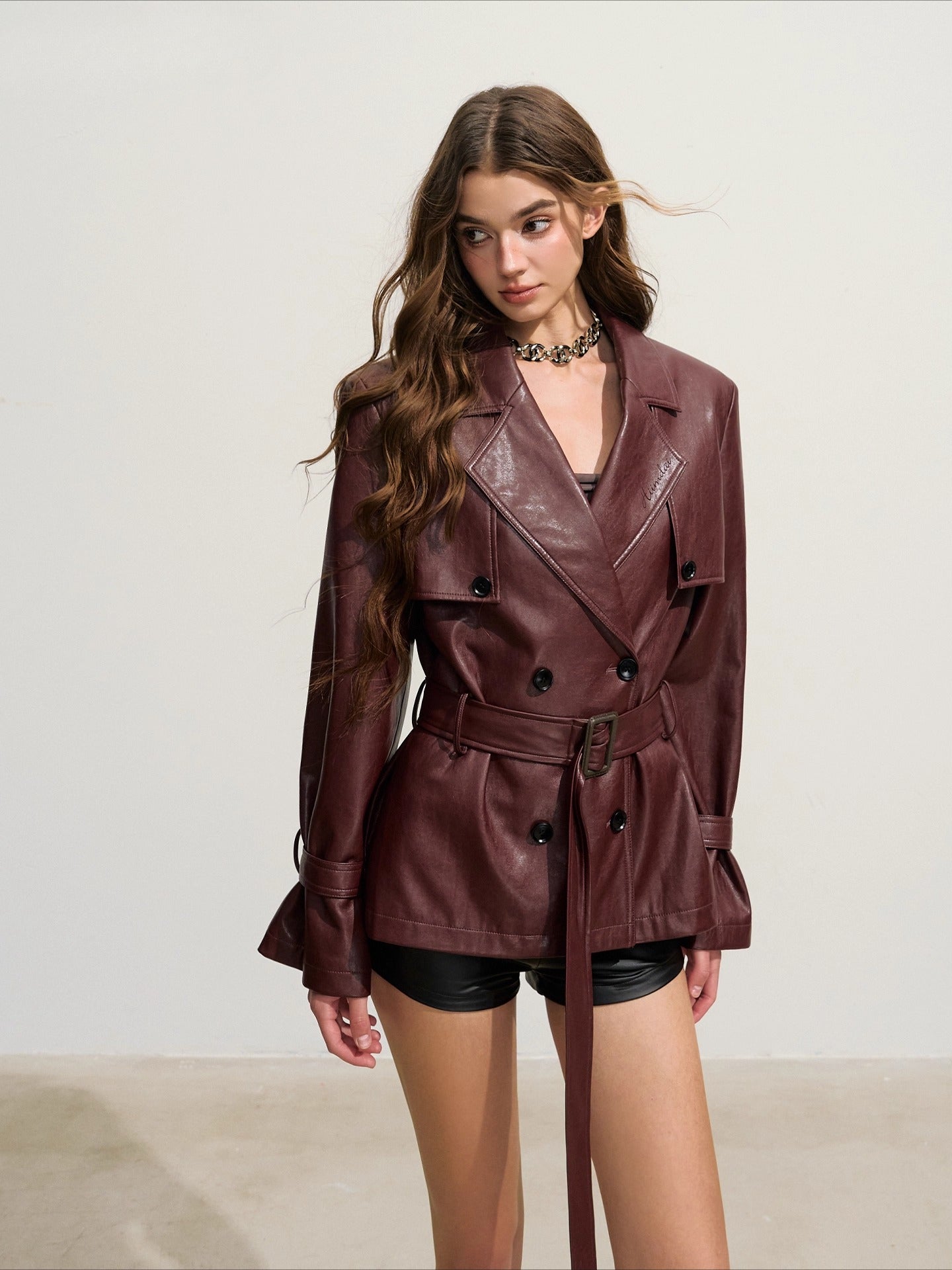 Oversized Double-Breasted Mid-Length Leather Trench Coat