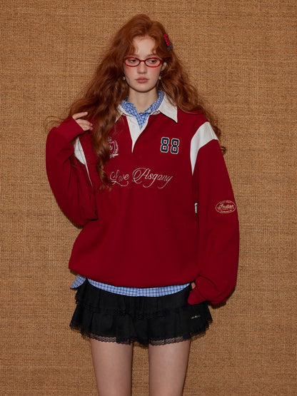 Contrast Collar Embroidered Drawstring Sweatshirt