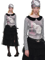Cat Print Waffle Collar Top