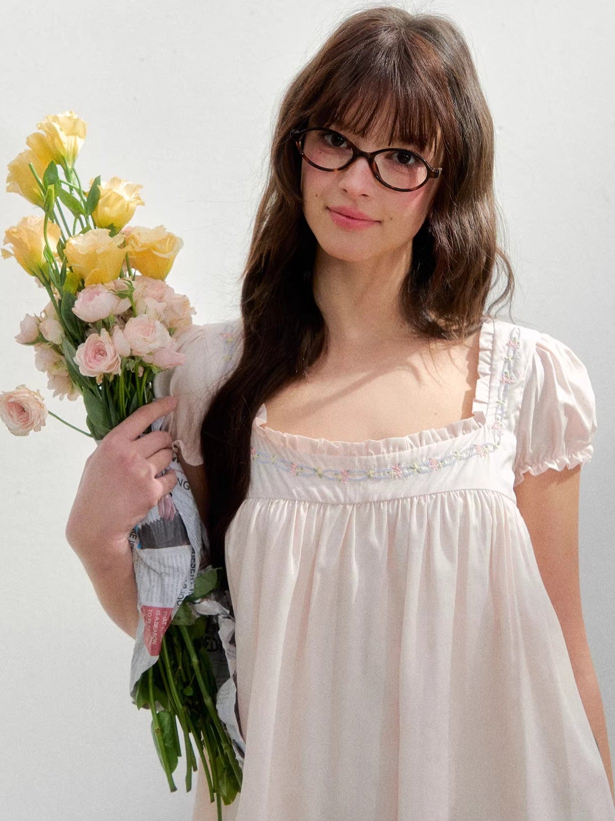 Pink Embroidered Square Neck Dress
