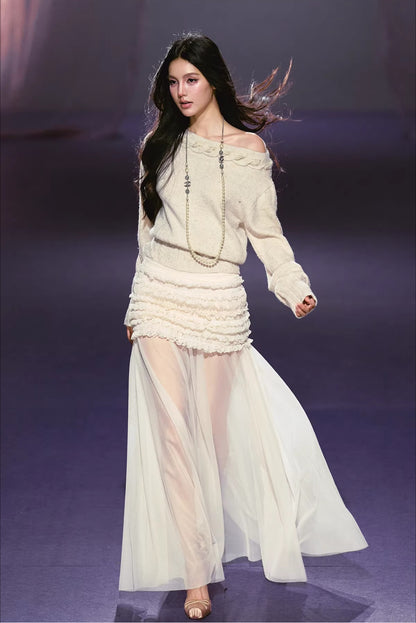 Pleated Mesh Maxi Skirt