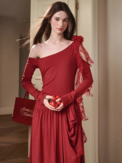 Berry Glaze Off-Shoulder Knit Maxi Dress