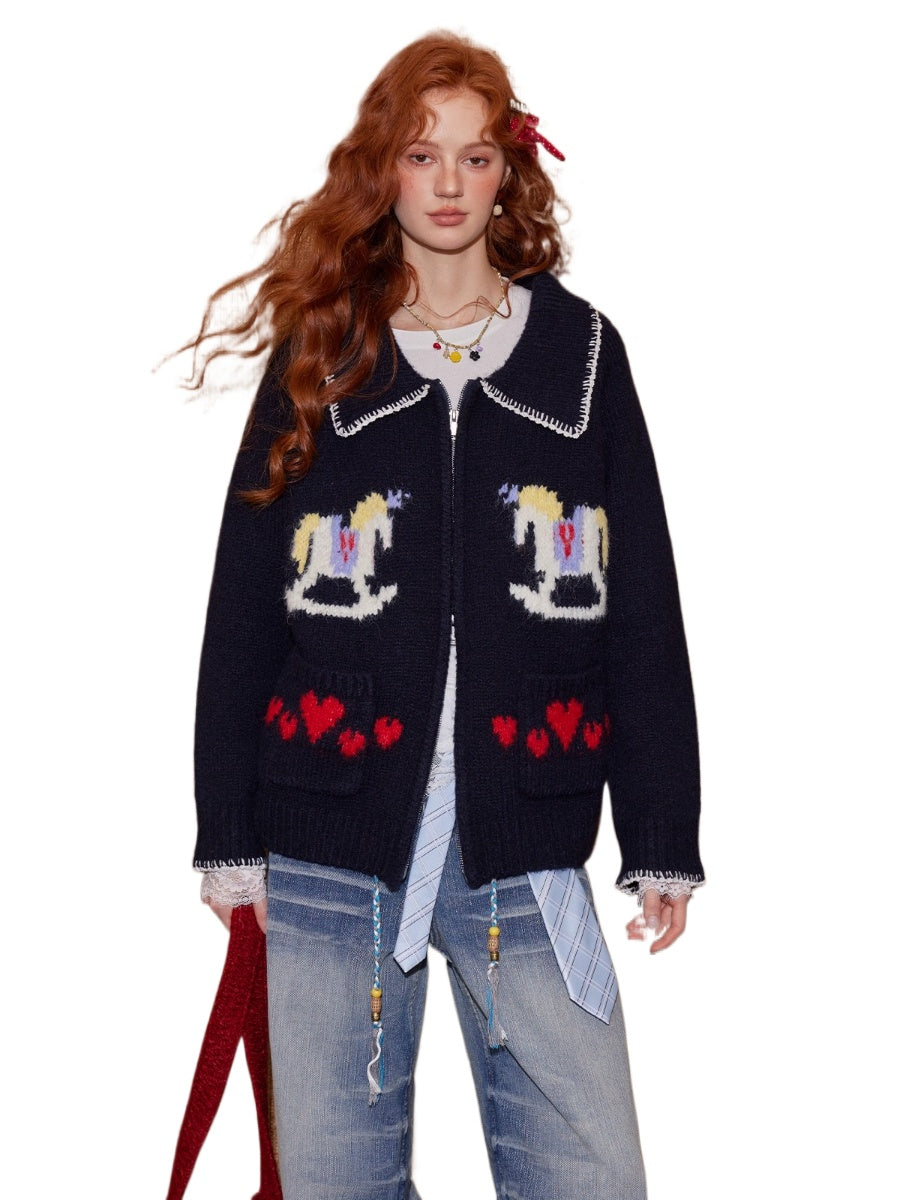 Contrast-Trim Horse Jacquard Knit Zip Cardigan