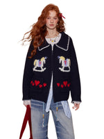 Contrast-Trim Horse Jacquard Knit Zip Cardigan