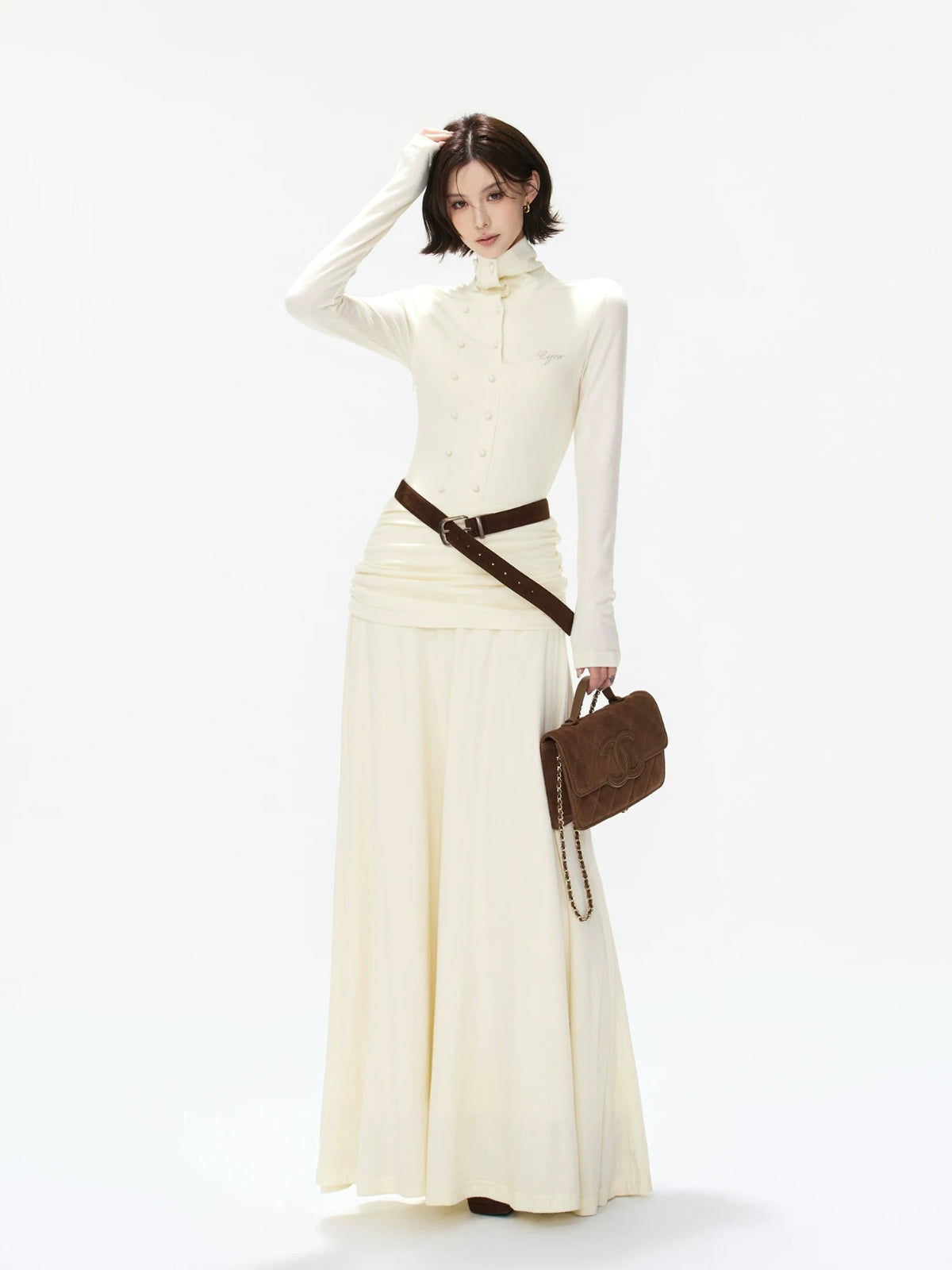 Belted Turtleneck Knit Maxi Dress