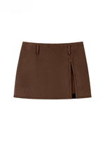 Brown Side-Slit Faux Suede Skort