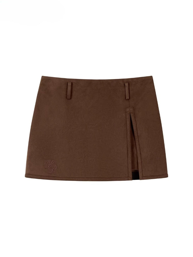 Brown Side-Slit Faux Suede Skort
