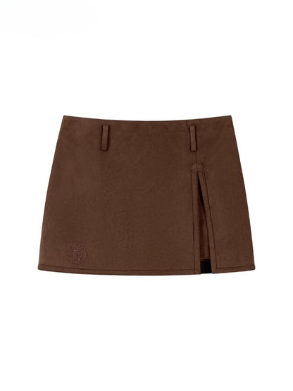 Brown Side-Slit Faux Suede Skort