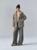 Striped Horn-Button Collar Coat