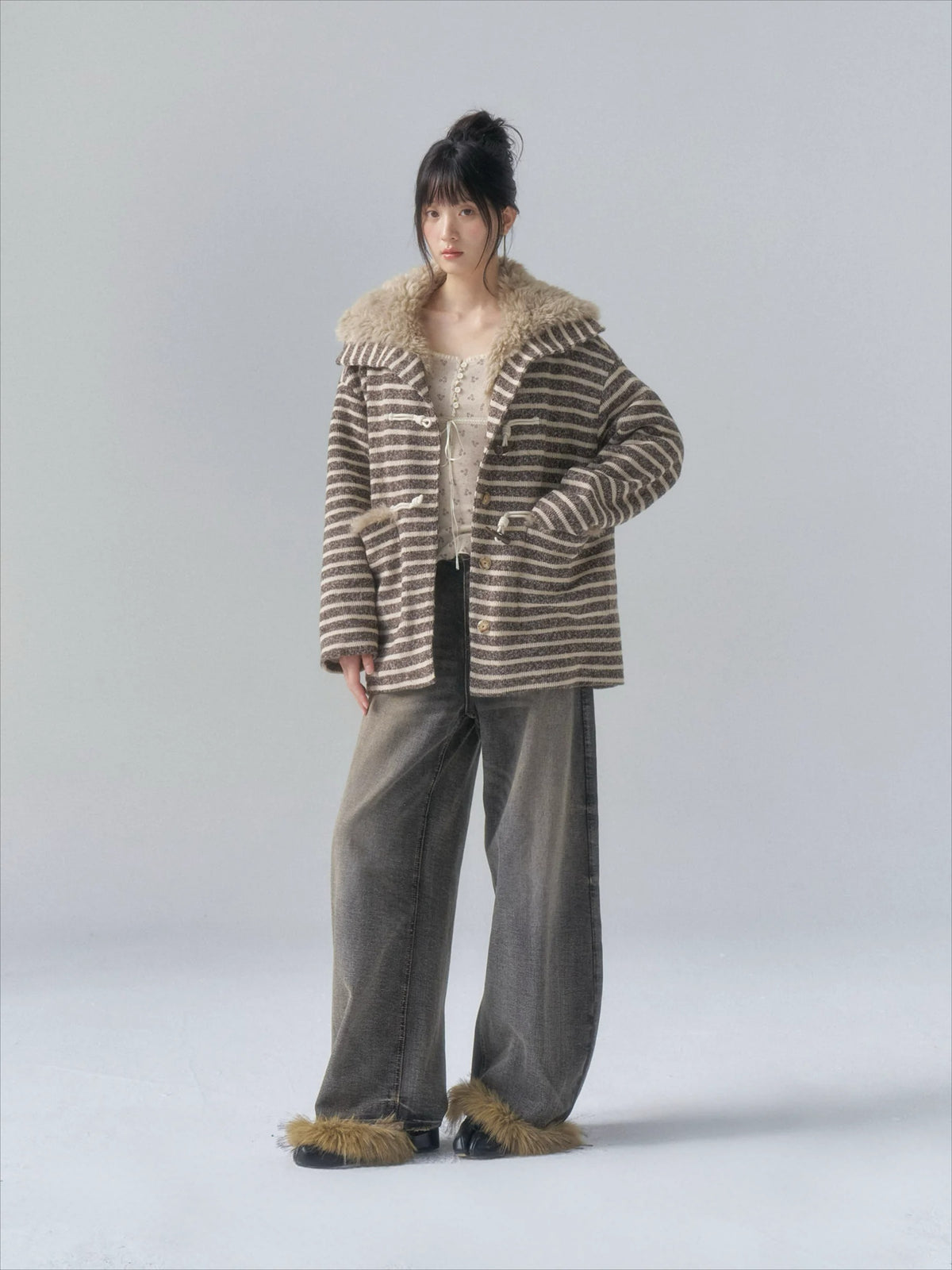 Striped Horn-Button Collar Coat